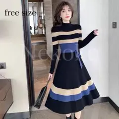 モノトーン 差し色 ボーダー ニットワンピース 秋冬コーデ ロング ブラック