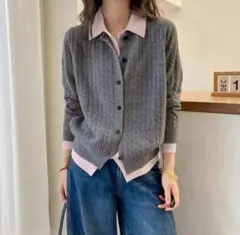 ニット カーディガン レイヤード風 配色デザイン バイカラー