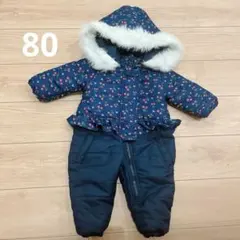 ネイビー 花柄 フリル付き　ジャンプスーツ　80 スキーウェア　バースデー