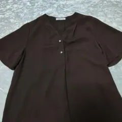 ブラウン Vネック 半袖シャツ パールボタン付き