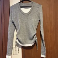 グレー リブ編み 長袖トップス サイドリボン付き