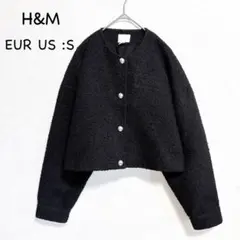 H&M ノーカラージャケット M ブラック ブークレ ショート丈 スナップボタンのサムネイル