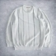 80s〜90s USA製 コットンニット セーター L 総柄 ストライプ グレー