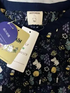 新品　タグ付　ムーミン　MOOMIN 総柄　ワンピース　麻混　前あき　濃青　 L
