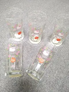 新品　希少　廃盤　昭和レトロ　ハローキティ 花柄 ガラスコップ 5個セット