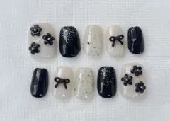 ネイルチップ(黒、リボン、ニュアンス)