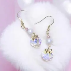 ⑨リボン付きクリスタルチャームピアス・パール・キラキラ可愛♡