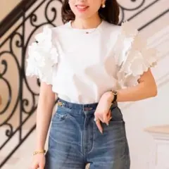 新品 TREFLE+1 ラッフルスリーブ 半袖 ホワイト 上品 フェミニン 春夏