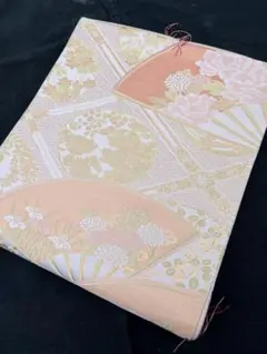 薄ピンク　金　斜め格子　扇　牡丹　六通　袋帯