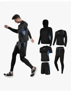 トレーニングウェア メンズ 5点セット Lサイズ ランニング ジム 黒