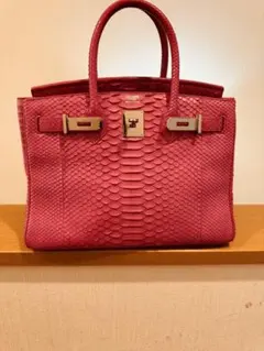 美品　オーダーメイド　ハンドバッグ　手縫い　本革　30 シルバー金具　パイソン