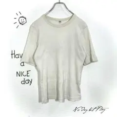 ユニクロ Tシャツ(L)リブニット アイボリー 5分袖 コットン 古着 無地