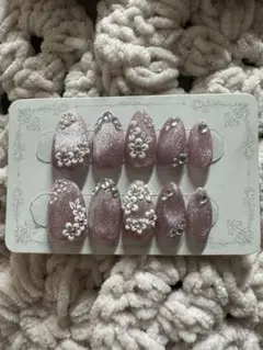 フラワー装飾付きピンクネイルチップ10個セット マグネットネイル　春ネイル