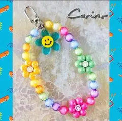 カラフルビーズの花モチーフストラップ