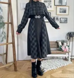 axes femme 起毛チェックバイカラー長袖ワンピース