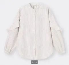 GU ラッフルスリーブブラウス〔長袖］【ストライプ］