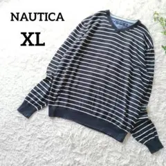 ノーティカ　Ｖネックニット　XL　紺　ボーダー　長袖　リブ切替　ゆったり　731のサムネイル