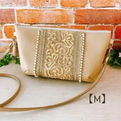 インド刺繍リボン ふっくらショルダーバッグ M ベージュ×パール ハンドメイド