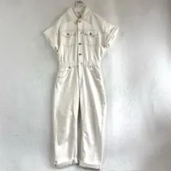 【ZARA】デニム ジャンプスーツ アイボリー オールインワン 半袖 コットンM