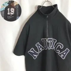 90s古着 NAUTICA ハーフジップ半袖スウェット ビッグロゴ 黒色 XL