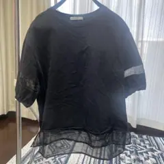 異素材切替 半袖Tシャツ シアー素材 イーズブルー 袖口絞り オーガンジ黒のサムネイル