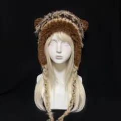 イヤーマフ付き 猫耳ニット帽 ハンドメイド 編み物