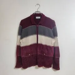 ニットジャケット M相当 ボルドー系 フランス製 レトロ調 長袖 あったか 秋冬