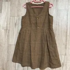 【120㎝】チェック柄 ジャンパースカート ノースリーブ Vネック ブラウン