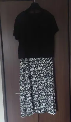 西松屋　フラワープリント 半袖マキシワンピ　 黒/白　マタニティ　美品♡