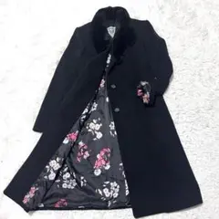 ラムウール100% ロングコート 裏地花柄 襟元ファー ウールコート XL 黒