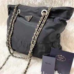 プラダ　トートバッグ　肩がけ　テスート　キルティング　三角ロゴ　チェーン　白タグ