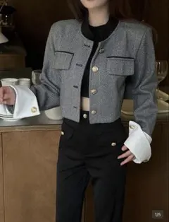 コントラストトリム ボタンフロント クロップ オーバーコート　SHEIN 袖あり