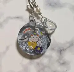 No.1554 レジン　ストラップ　シマエナガ　招き猫　シルバー　チャーム