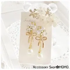 フラワー♡ビジュー・:*大粒パール♡りぼん.ハンドメイドピアスorイヤリング♡