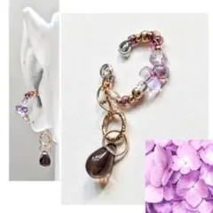 土日祝セール❁プロフにて　ピンク❀花の色水揺れる紫陽花硝子　イヤーカフ