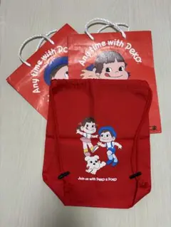 【非売品】不二家ペコちゃん　巾着ナップサックとおまけの紙袋　セット