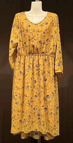 花柄ワンピース アシンメトリーヘム 7分袖 Ｌのサムネイル