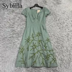 美品✨シビラ リネンコットン刺繍フレアワンピース 半袖ドレス グリーン ひざ丈