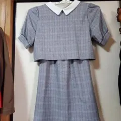 グレー系チェック 半袖ひざ丈ワンピース