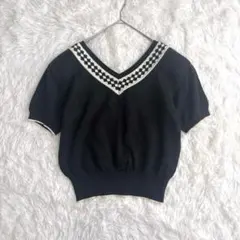 Z【日本製】麻×綿 半袖ニット 黒 Vネック ショート丈 アーガイル 配色
