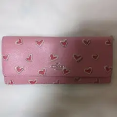 COACH コーチ ハート柄 ラウンドファスナー 長財布 PVC ピンク 総柄 