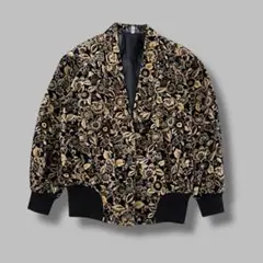 ヴィンテージ レディースジャケット 総柄 花柄 ベロア風 リブニット サイズF