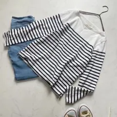 無印良品 ボーダーフレアカットソー L 白✖️ネイビー 美シルエット ナチュラル