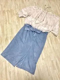 スカート　膝丈　くすみブルー