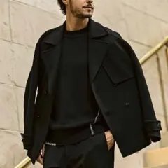 AKM Contemporary クラシックダブルブレストピーコート　黒
