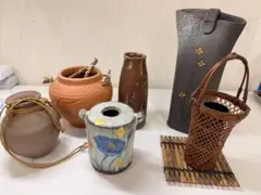 和陶器 花器 壺 竹籠 花入れ まとめ売り 7点セット 和風 昭和レトロ