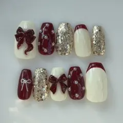 【現品】【オーダー】クリスマス 冬 リボンデザイン ネイルチップ レッド