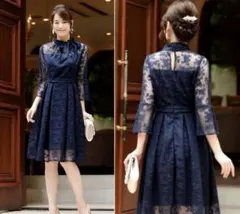 RUIRUE BOUTIQUE クチュールレースリボンワンピースドレス　ネイビー