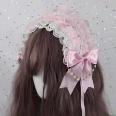 レース　ヘッドドレス パール リボン ロリータ ゴスロリ 姫ロリ 地雷系 ピンク