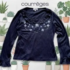 courrges クレージュ ビジュー パール装飾 花柄トップス ネイビー